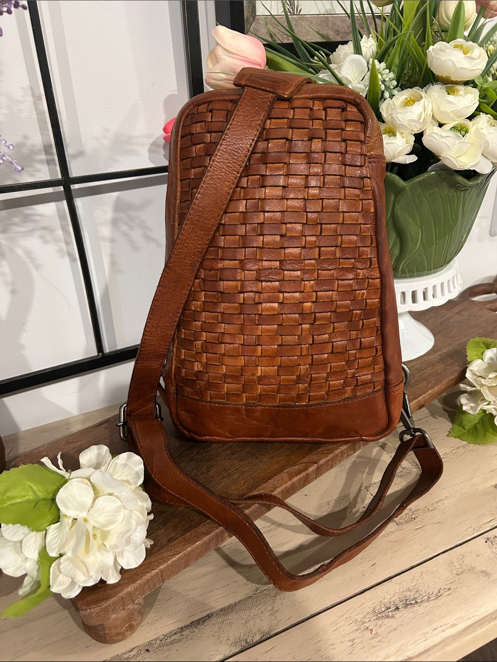 Woven Leather Messenger Bag in Brown
